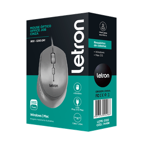 Mouse Optico Office Job Cinza Fio/Usb Ergonomico 4D Letron - leonora